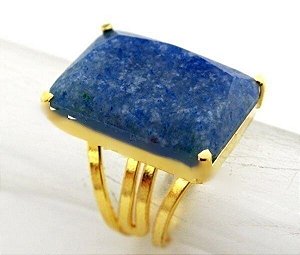 Anel Quartzo Azul Facetado Pedra natural de Garimpo Banho Flash Dourado Aro Ajustavel REFF 25.1