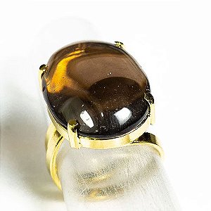 Anel Quartzo Fume Oval Pedra Natural Dourado Aro Ajustavel