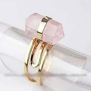 Anel Micro Pontinha Quartzo Rosa Bi Ponta Ajustavel Dourado