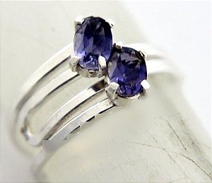 Anel 2 Pedras Safira Gemas Facetado Prata 950 Aro Ajustavel
