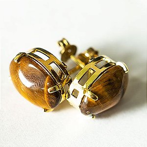 Brinco Topinho Cabochão Oval Pedra Olho de Tigre Dourado