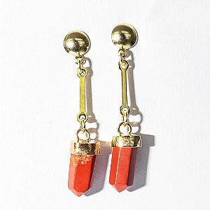Brinco Pontinha Pedra Jaspe Vermelho dependurado Dourada
