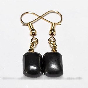 Brinco Retangular Pedra Obsidiana Negra Tamanho P Dourado