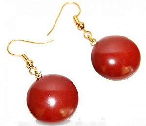 Brinco Cabochão Disco Jaspe Vermelho Natural Anzol Dourado