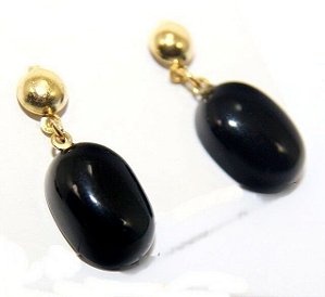 Brinco Cabochão Oval Onix Preto Pino e Tarracha