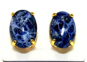 Brinco Topinho Cabochão Oval Sodalita Azul Natural Dourado