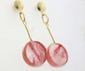 Brinco Disco Pedra Cherry Rosa Tarracha Dourado