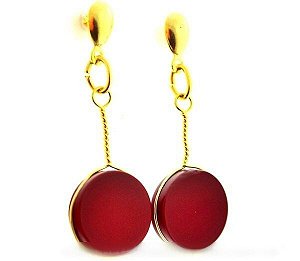 Brinco Disco Pedra Jaspe Vermelho Tarracha Dourado