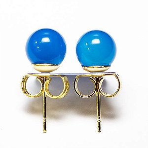 Brinco Bolinha Pedra Agata Azul Pino Tarraxa Banho Dourado