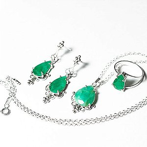 Luxuoso Conjunto Gema Esmeralda Facetada Natural Prata 950