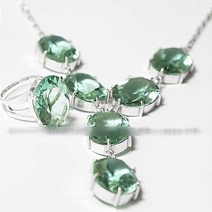 Conjunto Maxxi colar Obsidiana Verde 7 Pedras Prata 950