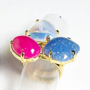 Anel 3 Pedras Misto Natural Cabochão Aro Ajustável Dourado