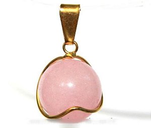 Colar Bolinha Quartzo Rosa Envolto a Pedra Montagem Dourada