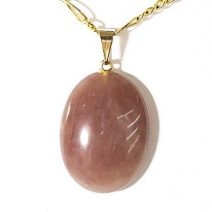 Colar Cabochão Pedra Quartzo Morango Pino Dourado