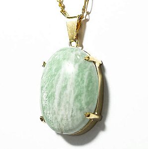 Colar Extra Cabochão Pedra Amazonita Verde Garra Dourado