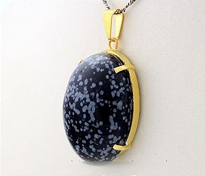 Colar Extra Cabochão Obsidiana Flocos de Neve Garra Dourado
