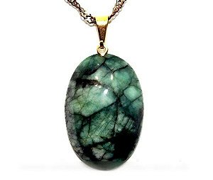 Colar Cabochão Oval Xisto e Esmeralda Pino Dourado