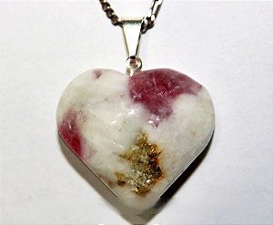 Colar Coração Turmalina Rosa Natural Pino Presilha Prateado
