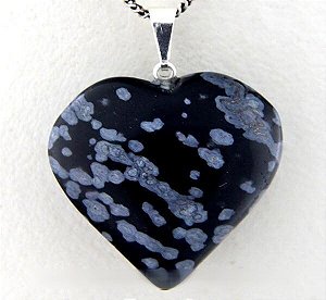 Colar Coração Obsidiana Floco de Neve Pedra Natural Prateado