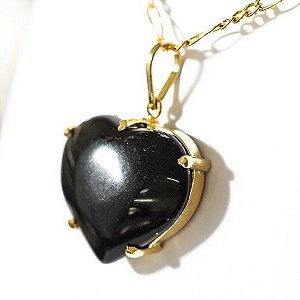 Colar Extra Coração Pedra Onix Preto Montagem Garra Dourado