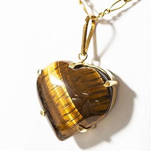Colar Extra Coração Pedra Olho de Tigre Garra Dourado