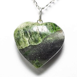 Colar Coração Pedra Epidoto Natural Pino Prata 950