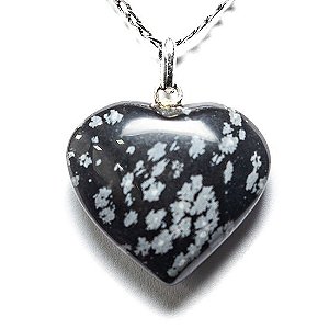 Colar Coração Pedra Obsidiana Flocos de Neve Pino Prata 950
