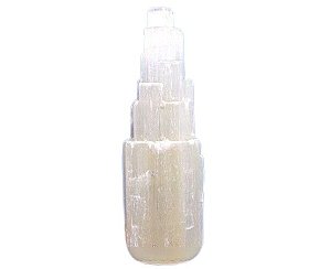 Torre Selenita Branca 15Cm Entalhada Pedra Natural