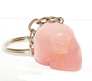 Chaveiro Crânio Quartzo Rosa Natural Pino Prateado