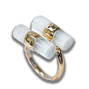 Anel 2 Canudo Pedra Selenita Natural Aro Ajustável Dourado