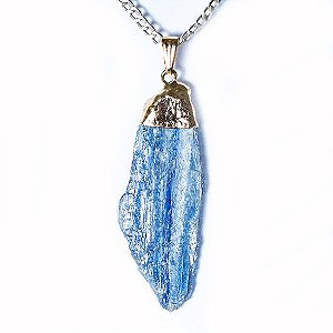 Colar Lâmina Cianita Azul Natural Dourado Envolto 30 a 60 mm