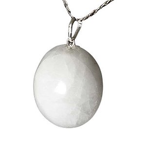 Colar Cabochão Disco 25mm Quartzo Leitoso Natural Pino Prata