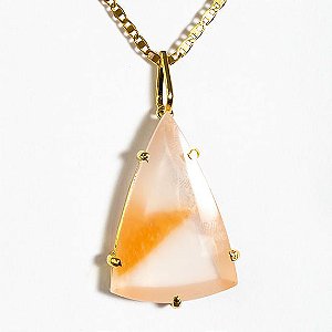 Colar Quartzo Rosa Pedra com Lã Laranja Gota Garra Dourada