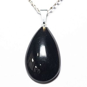 Colar Gota Obsidiana Negra 28mm Pedra Natural Pino Prateado