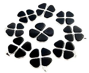 Colar Trevo 4 Folhas Pedra Obsidiana Negra Natural Prateado