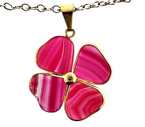 Colar Trevo da Sorte Agata Rosa Pedra Natural Dourado