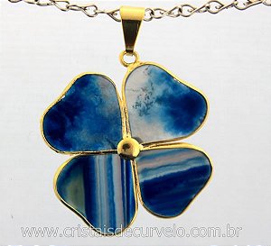 Colar Trevo 4 Folhas Da Sorte Ágata Azul 4 Dourado