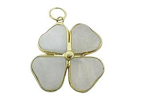 Colar Trevo Quartzo Leitoso Pedra Natural Envolto Dourado