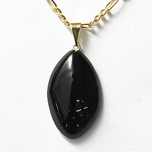 Colar Navete 28mm Pedra Obsidiana Negra Natural Pino Dourado