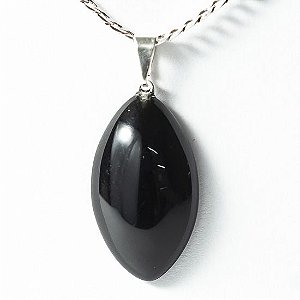 Colar Navete 28mm Pedra Obsidiana Negra Natural Prateado