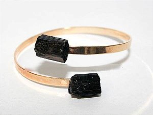 Bracelete de Pedra Natural Turmalina Preta Ajustável Dourado
