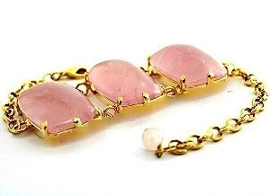 Bracelete 3 Pedras Naturais Quartzo Rosa Retangular Dourado