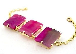 Bracelete 3 Pedras Agata Rosa Lapidação Retangular Cabochão