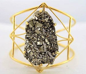 Bracelete Fixo Drusa de Pirita Grande Armação Cor Dourado