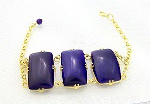Bracelete 03 Pedras Agata Lilas Lapidação Retangular Dourado