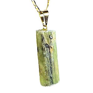 Colar Cianita Verde Canudo Pedra Natural Pino Dourado