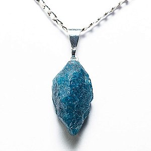 Colar Pedra Apatita Azul 20mm Bruta Natural Pino Prateado