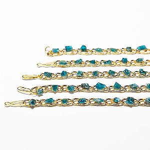 Pulseira Corrente Apatita Azul Natural Dourado Pedra