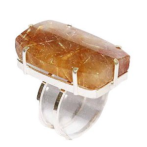 Anel Cristal Rutilo e Lodolita Natural Ajustável Prata 950