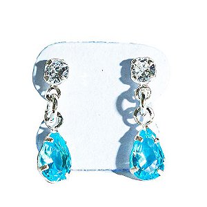 Brinco Gota Facetada Zircônia Topázio  Azul Garra Prata 925